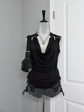 Carmen Marc Valvo Black Draped Cowl Tank with Shoulder Zippers